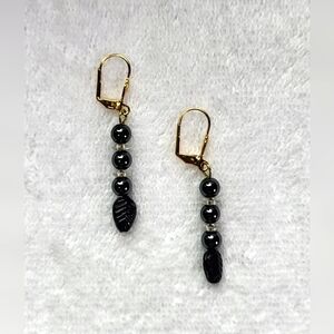 ARTISAN Black and Clear Bead Leaf Statement Dangle Earrings / Pierced